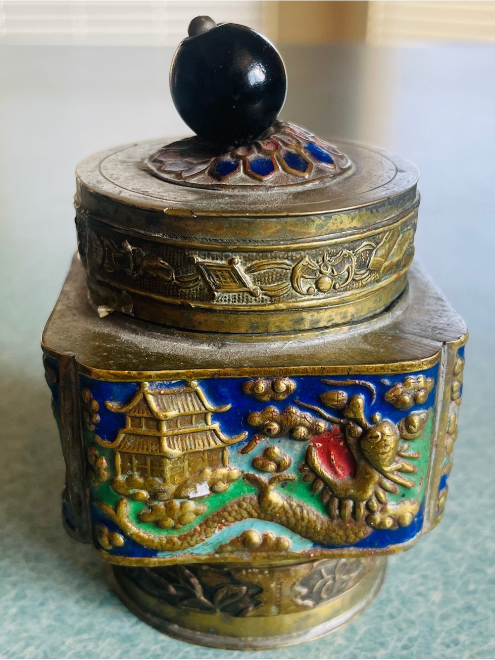 Vintage Chinese Brass Tea Caddy w/Lid